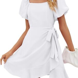 Square-Neck White Puff Sleeve Wrap Mini Dress
